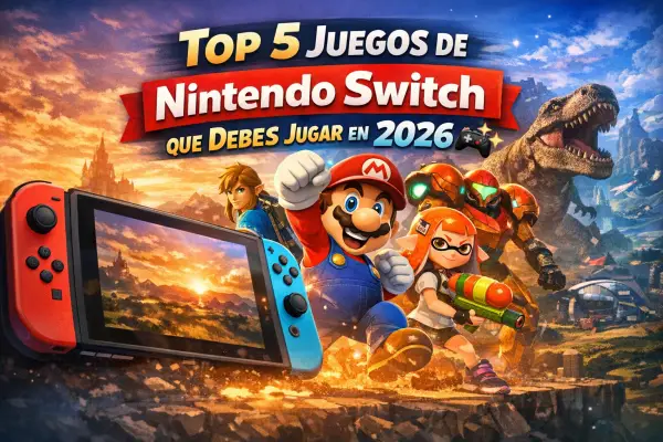 Portada del artículo Top 5 juegos de Nintendo Switch 2026 con consola Switch, Mario, Link, Samus, Inkling y T-Rex, mostrando los mejores juegos y diversión en la consola