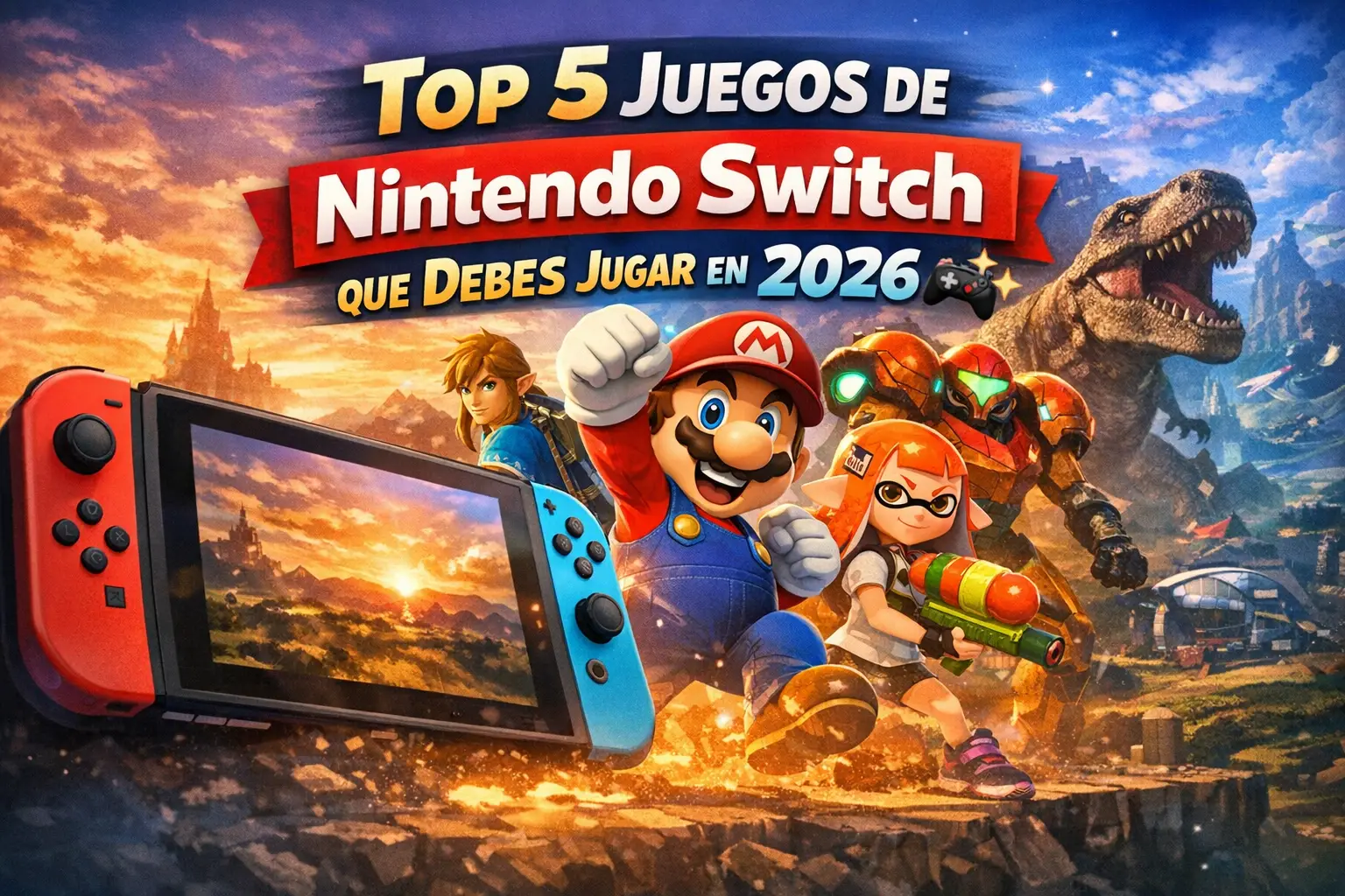 Portada del artículo Top 5 juegos de Nintendo Switch 2026 con consola Switch, Mario, Link, Samus, Inkling y T-Rex, mostrando los mejores juegos y diversión en la consola
